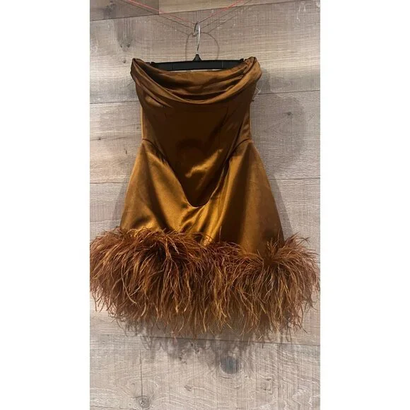 DELFI COLLECTIVE Adrienne Ostrich Feather Strapless bronze Mini dress size M - Picture 4 of 11